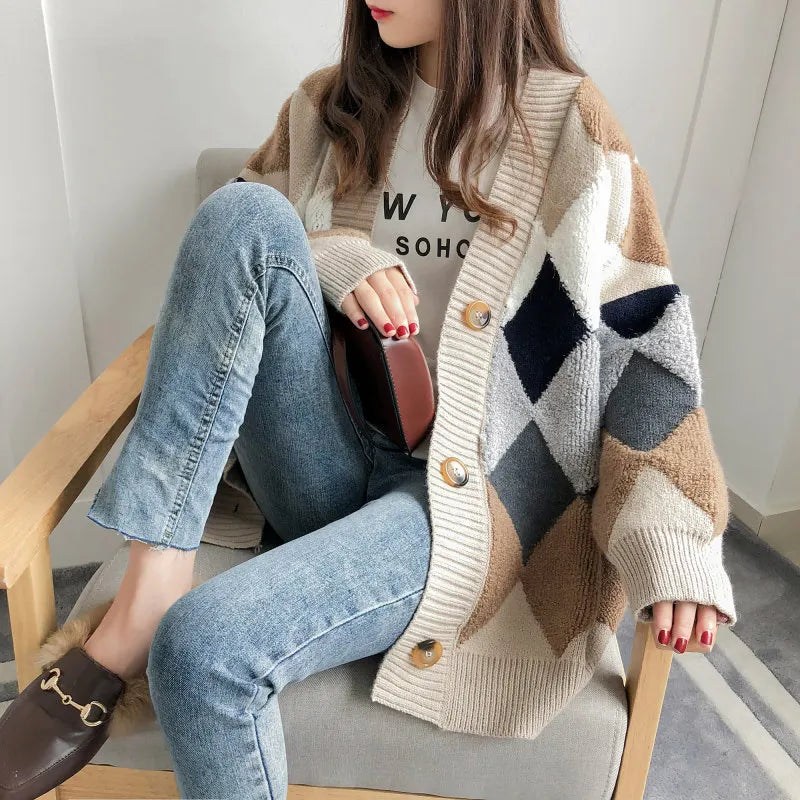 Cardigan Carreaux Coréen Automne