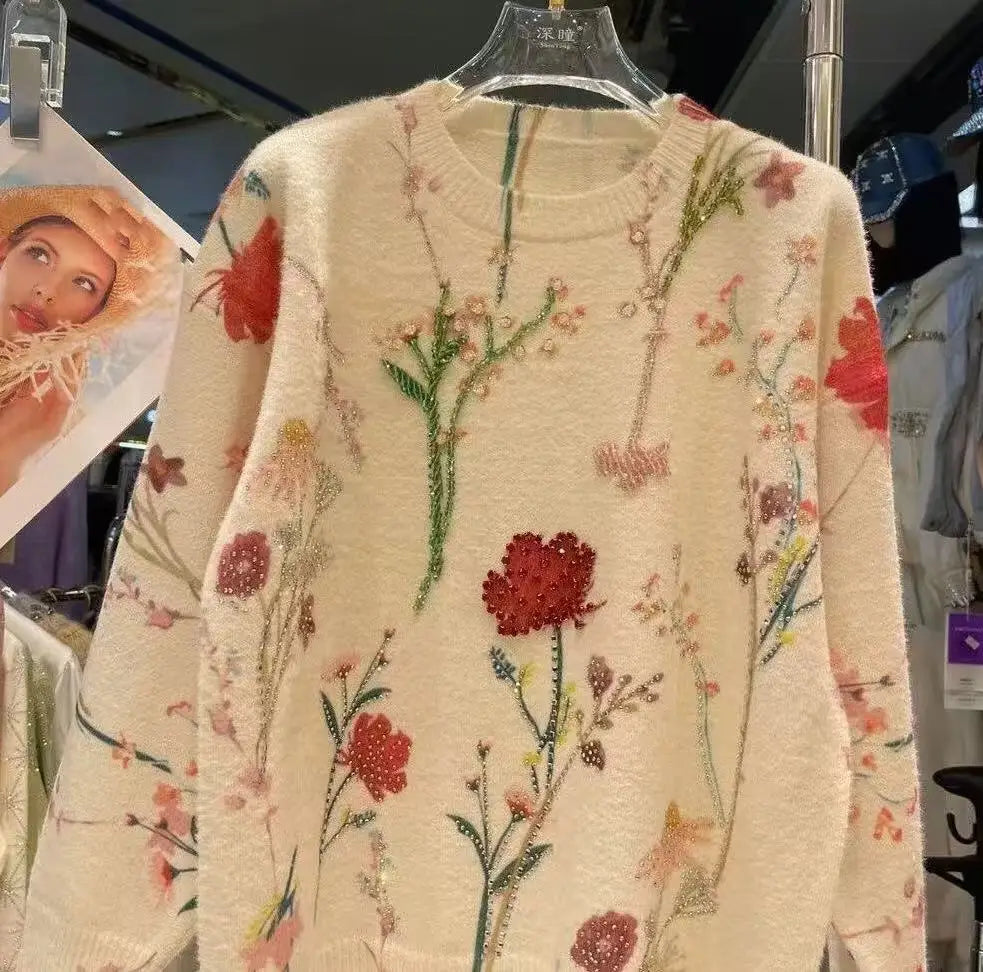 Pull Paillettes Fleurs Luxe