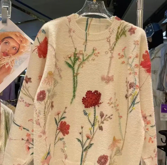 Pull Paillettes Fleurs Luxe